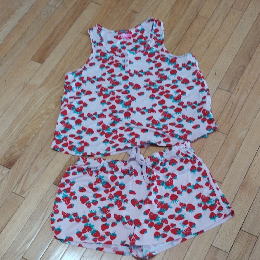 -Betsey Johnson Pink and Red Cherry & Strawberry Print Pajama Set
